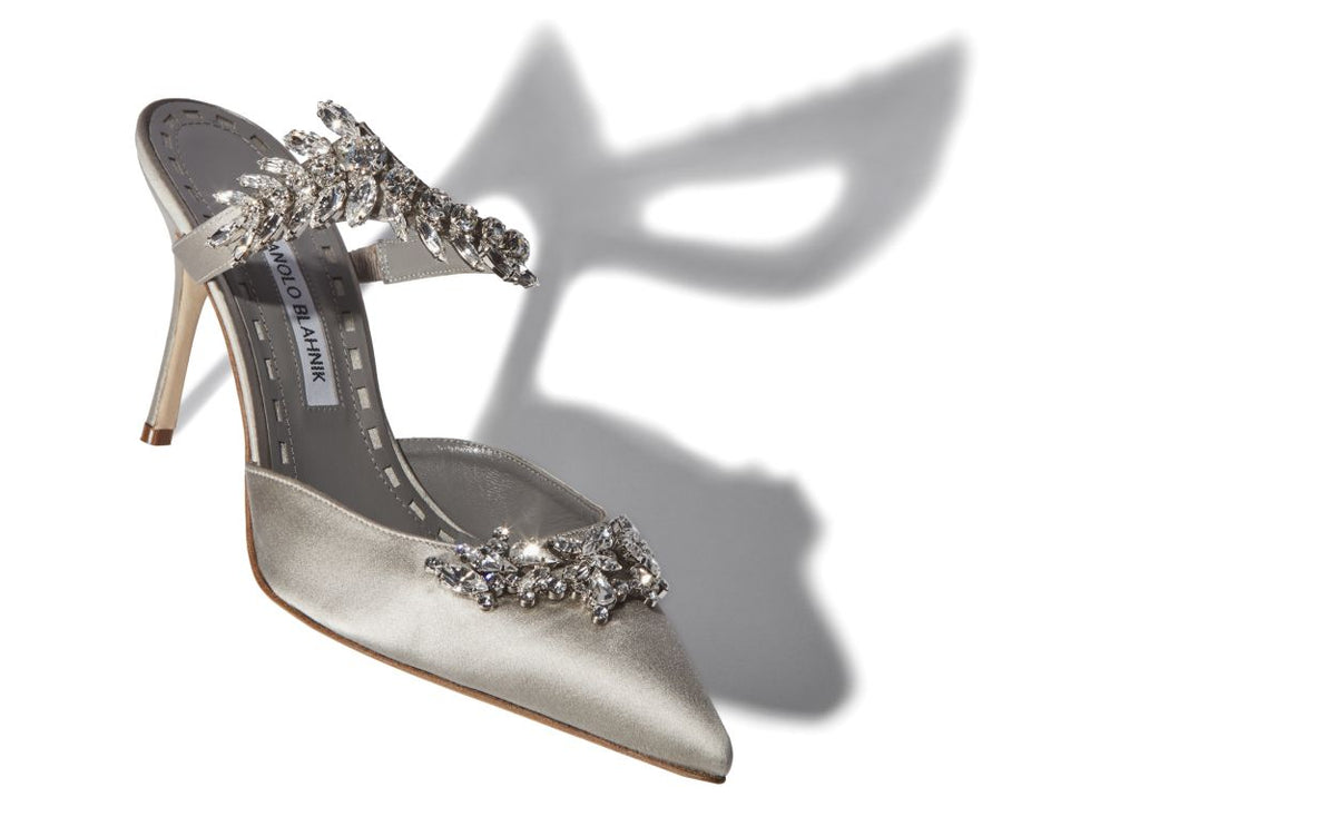 Vivienne Crown Grey Crystal Embellished Mules – front three-quarter view showing grey crystal embellished, pointed toe…