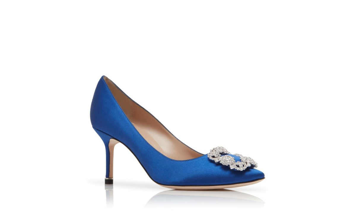 Cressida Dawn Blue Jewel Buckle Pumps – top view showing blue jewel buckle, crystal buckle, almond toe, satin, Vowalisse