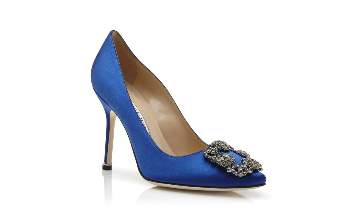 Aurelia Belle Blue Jewel Buckle Pumps – top view showing blue jewel buckle, crystal buckle, almond toe, satin, Vowalisse