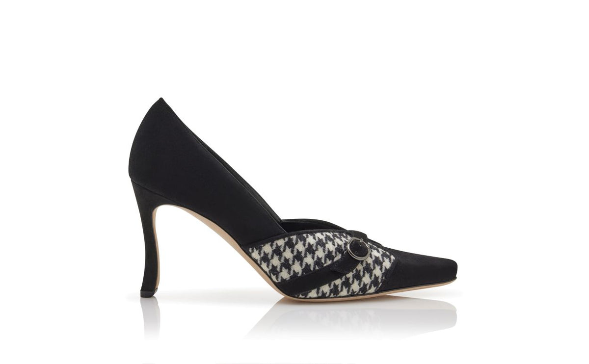Evangeline Shine Black Almond Toe Pumps – side profile showing black almond toe, suede, Vowalisse