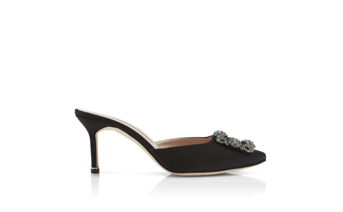 Lunette Crown Black Jewel Buckle Mules – side profile showing black jewel buckle, crystal buckle, almond toe, satin…