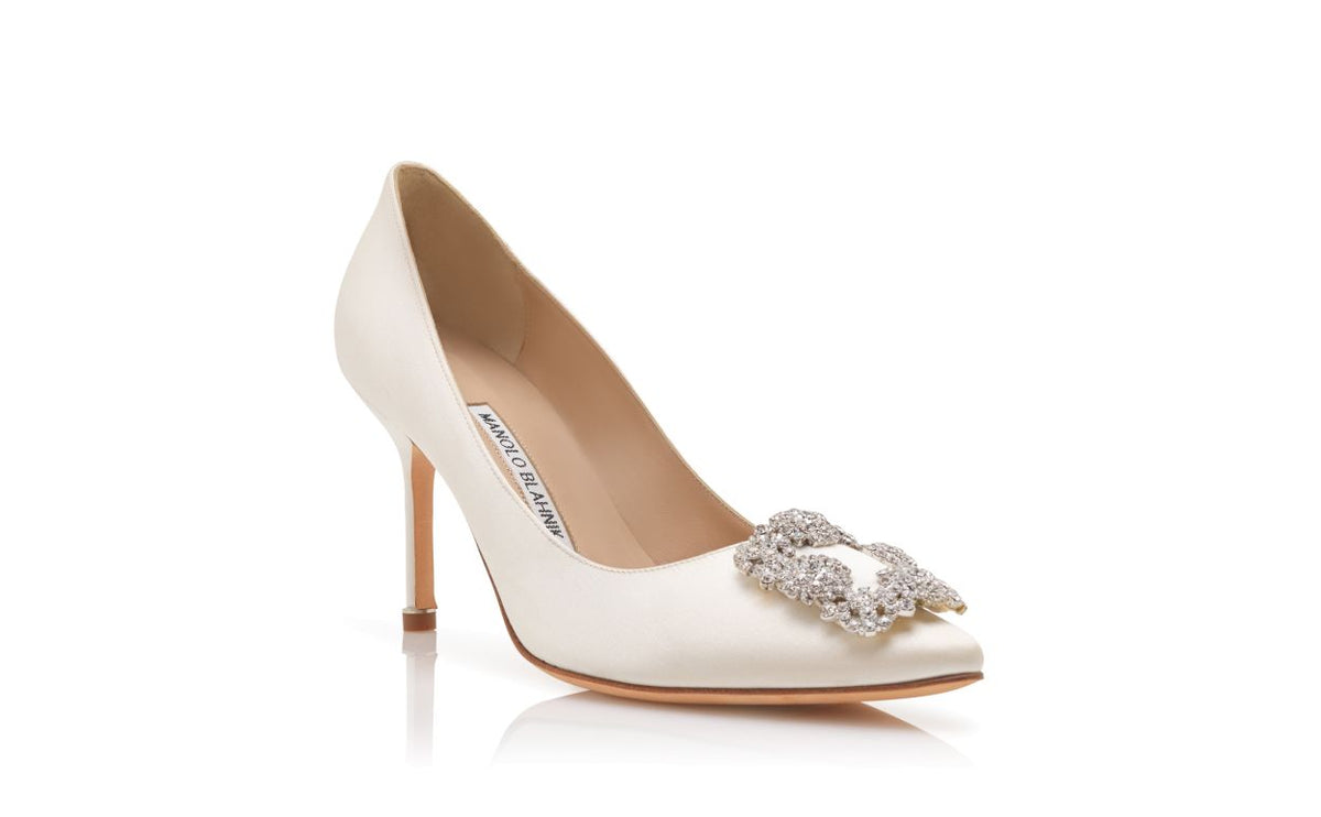 Leonora Shine White Jewel Buckle Pumps – top view showing white jewel buckle, crystal buckle, almond toe, satin, Vowalisse