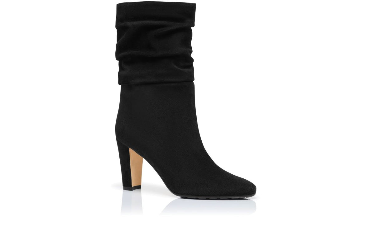 Juliette Grace Black Suede Mid-Calf Boots – top view showing black suede, Vowalisse