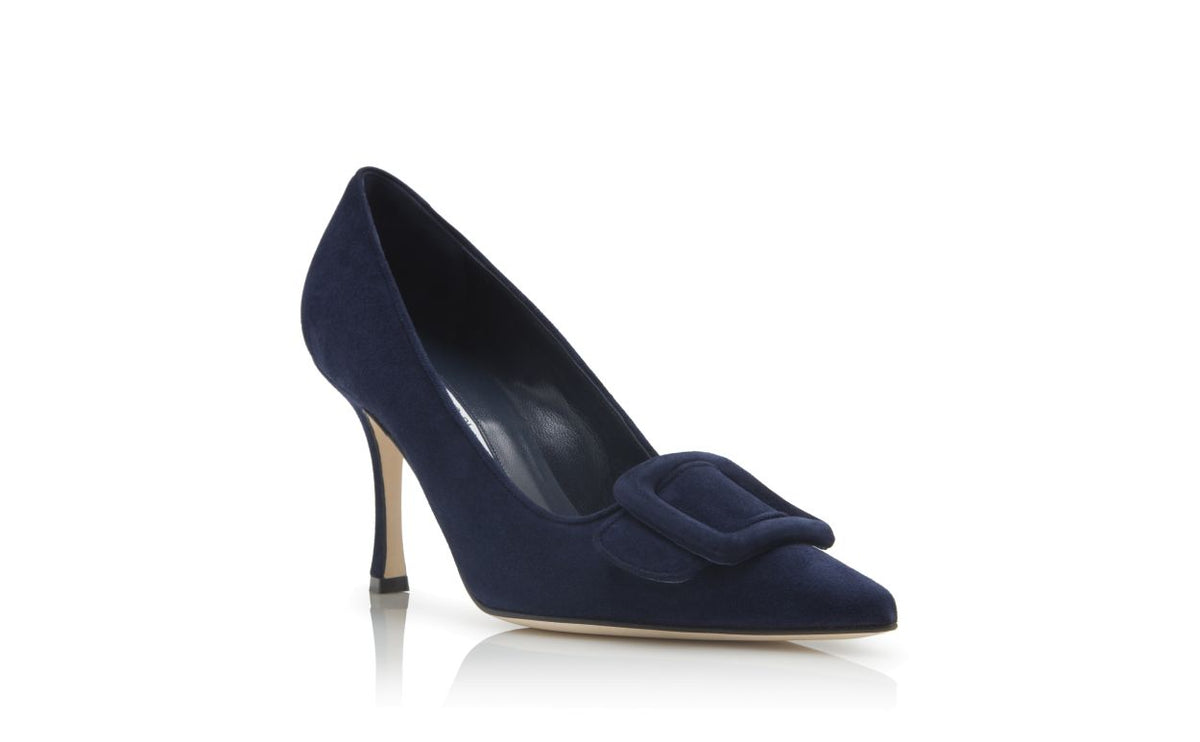 Magnolia Bloom Blue Pointed Toe Pumps – top view showing blue pointed toe, suede, Vowalisse