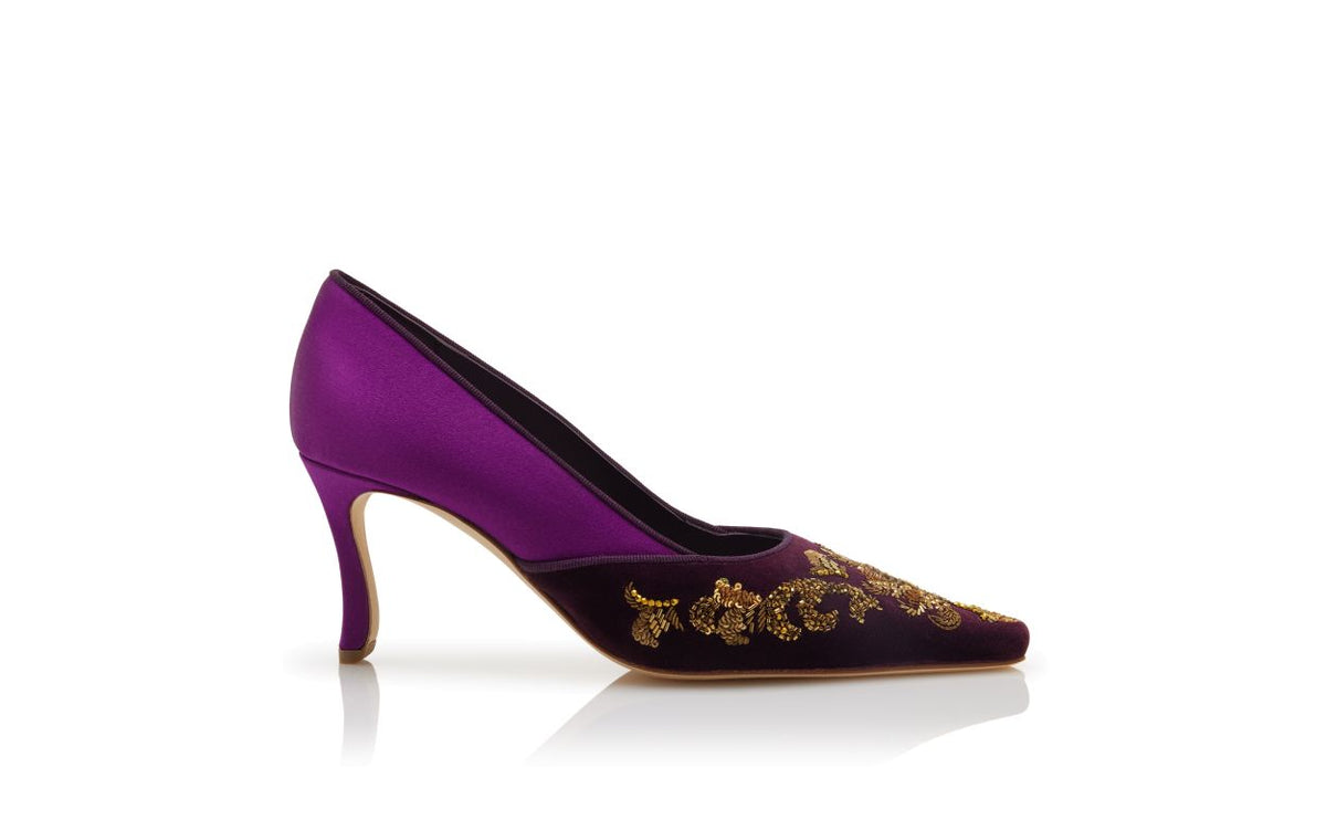 Lucienne Rose Purple Embroidered Pumps – side profile showing purple embroidered, almond toe, satin, velvet, Vowalisse