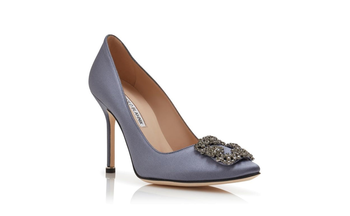 Anastasia Bloom Blue Jewel Buckle Pumps – top view showing blue jewel buckle, crystal buckle, almond toe, satin, Vowalisse