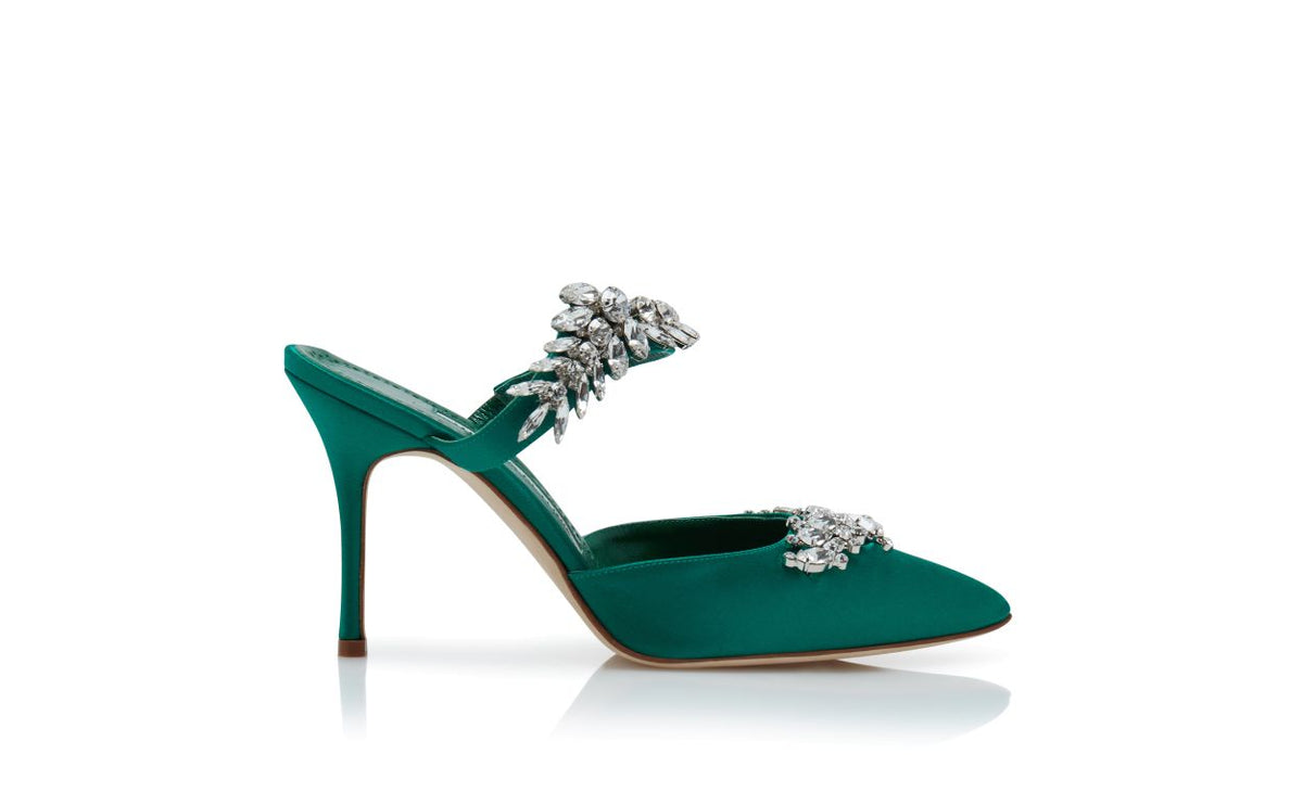 Fiorella Dawn Green Crystal Embellished Mules – side profile showing green crystal embellished, pointed toe, satin…