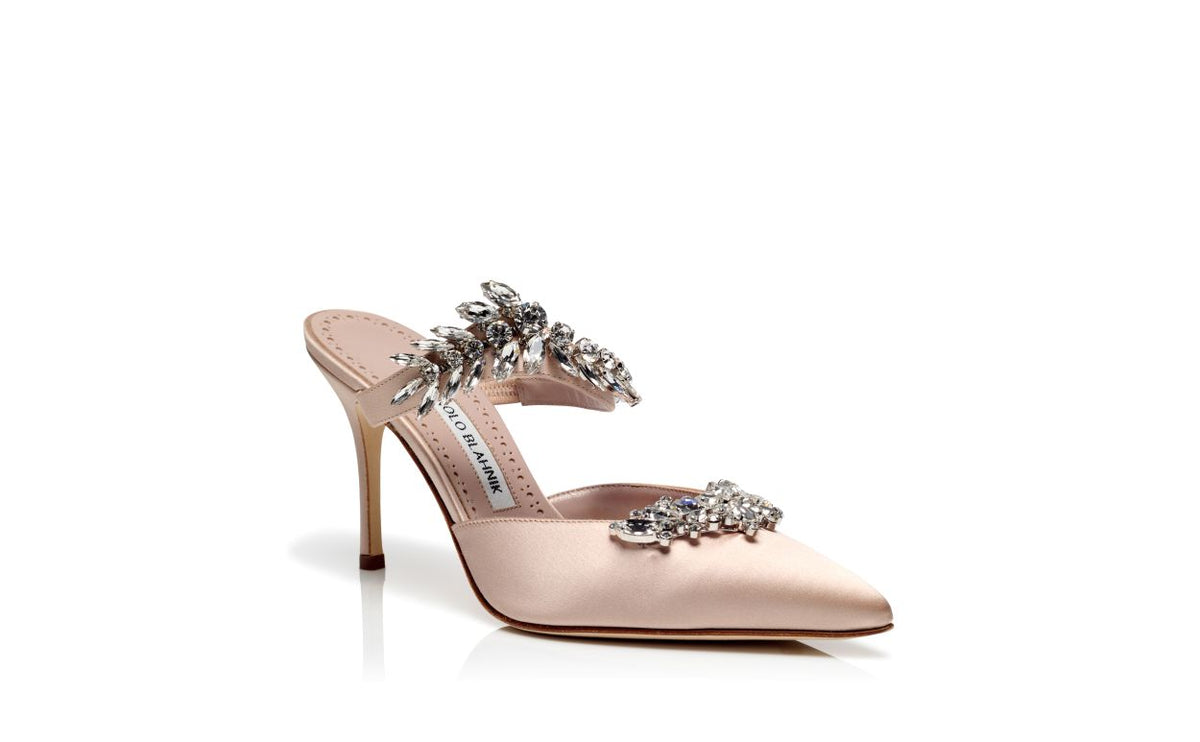 Elara Lace Neutral Crystal Embellished Mules – top view showing neutral crystal embellished, pointed toe, satin, Vowalisse