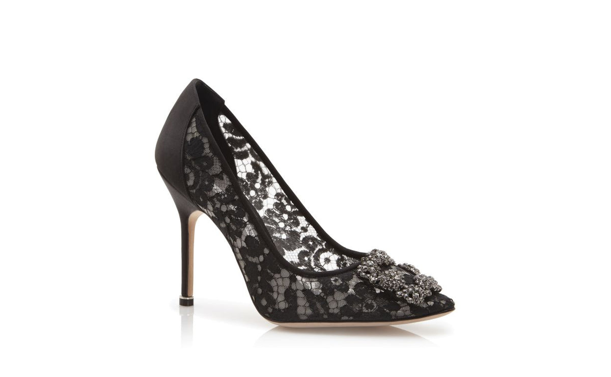Vivienne Dawn Black Jewel Buckle Pumps – top view showing black jewel buckle, crystal buckle, almond toe, satin, Vowalisse