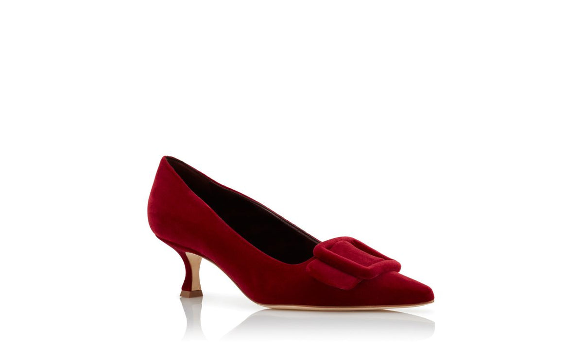Leonora Flame Red Almond Toe Pumps – top view showing red almond toe, velvet, Vowalisse