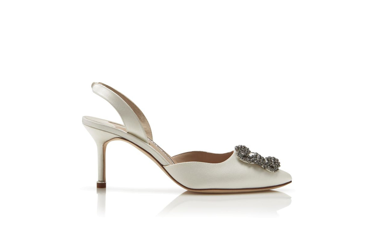 Arabella Belle White Jewel Buckle Slingbacks – side profile showing white jewel buckle, crystal buckle, ankle strap…