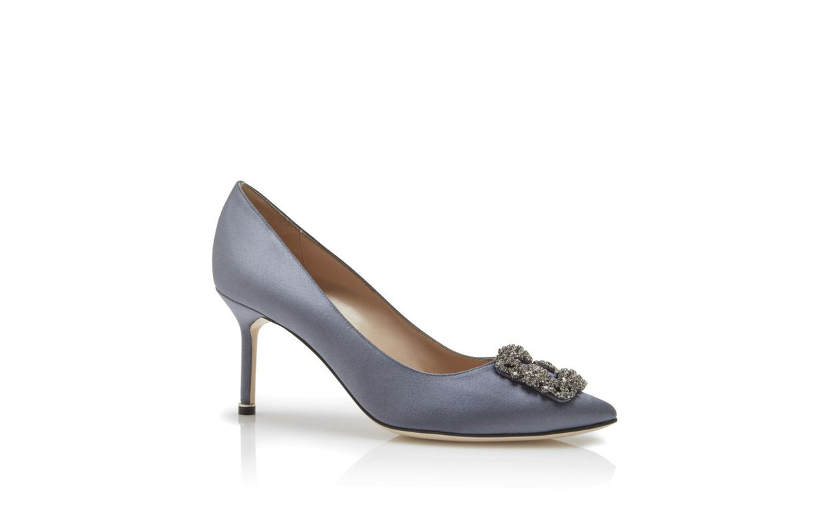 Colette Bloom Blue Jewel Buckle Pumps – top view showing blue jewel buckle, crystal buckle, almond toe, satin, Vowalisse