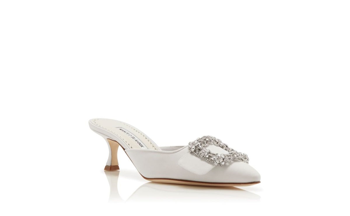 Emmeline Grace White Crystal Buckle Mules – top view showing white crystal buckle, pointed toe, satin, Vowalisse