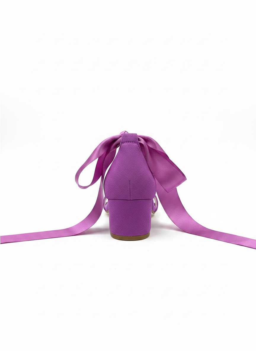 Rova Fuchsia Suede Satin Ribbon Ankle Strap Block Heel Sandal – detail view showing satin, suede, Vowalisse