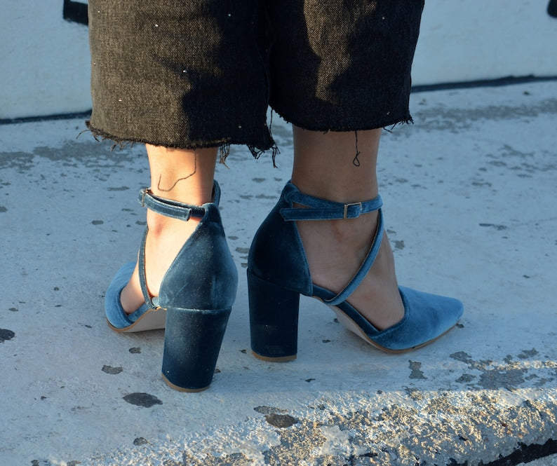 Teal Blue Velvet Block Heel Bridal Heels VOWALISSE bridal shoes – view 5
