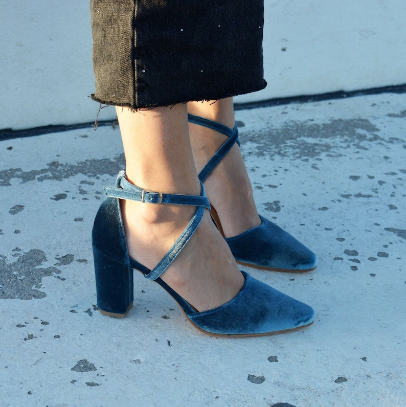 Teal Blue Velvet Block Heel Bridal Heels VOWALISSE bridal shoes – view 4