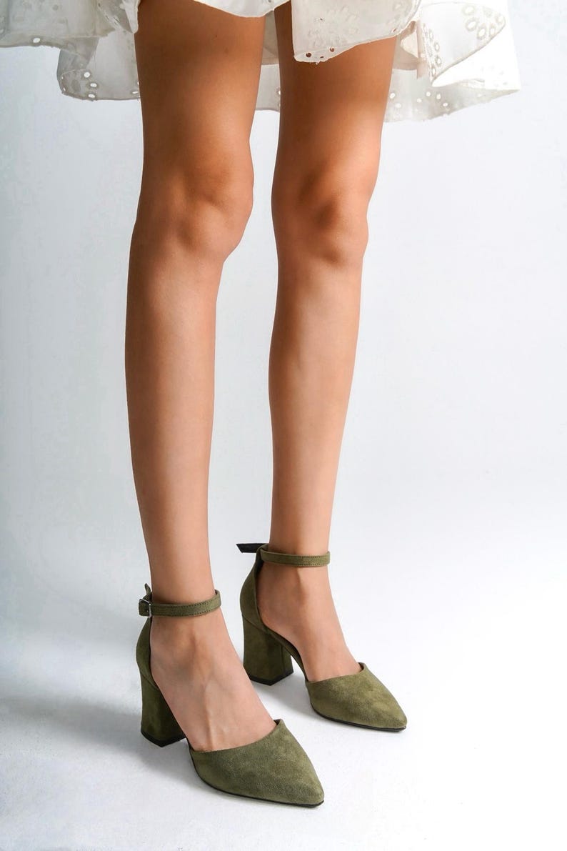 Sage Green Velvet Block Heel Bridal Heels VOWALISSE bridal shoes – view 3