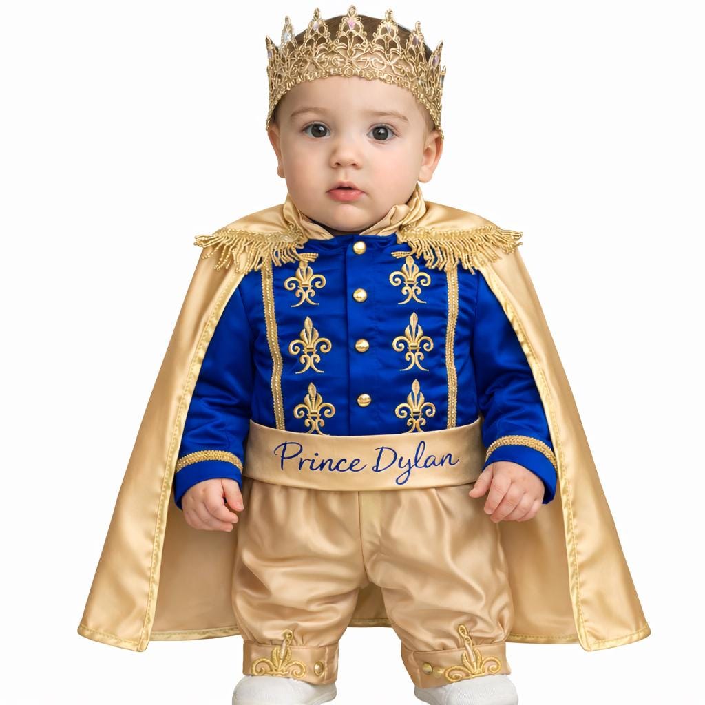Name Royal Blue & Gold Personalized Baby Prince Costume, baby boy first birthday outfit, main product image by Vowalisse
