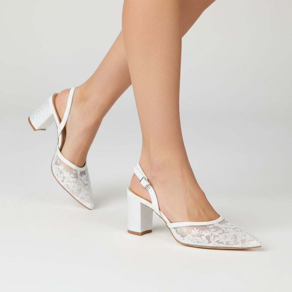 White Lace Block Heel Bridal Heels VOWALISSE bridal shoes – view 1