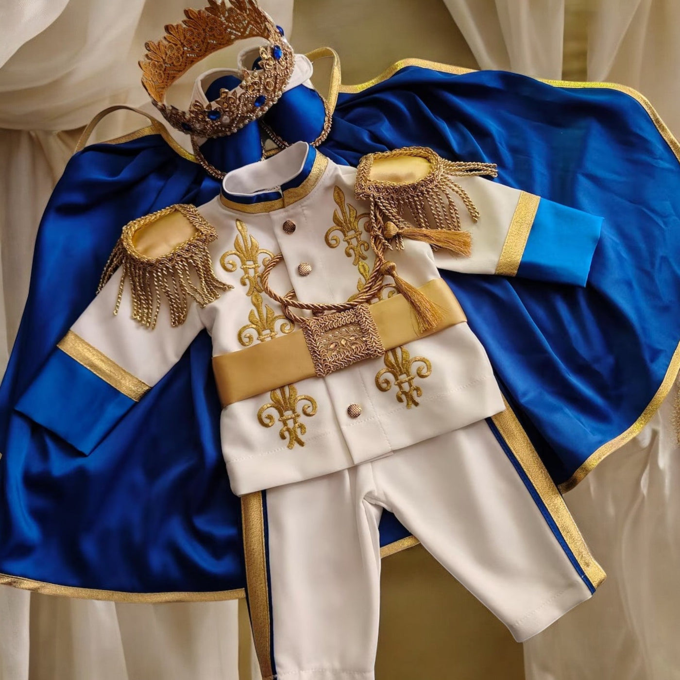 Navy Blue & Gold Personalized Baby Prince Costume 4, baby boy first birthday outfit, main product image by Vowalisse