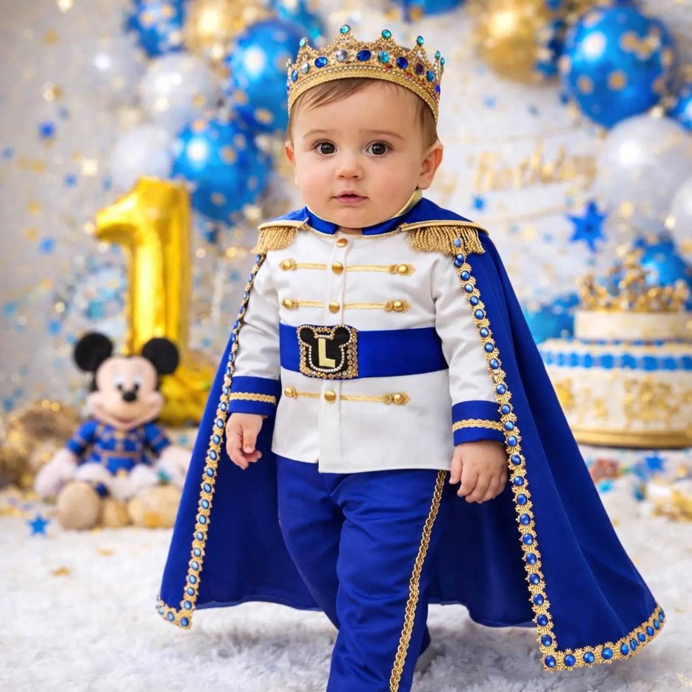 Royal Blue & Gold Personalized Baby Prince Costume 2, baby boy first birthday outfit, main product image by Vowalisse