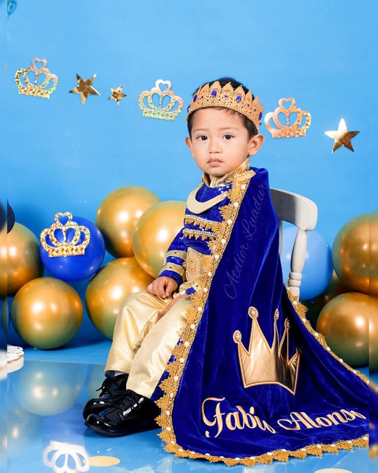 Skender Navy Blue & Gold Personalized Baby Prince Costume, baby boy first birthday outfit, main product image by Vowalisse