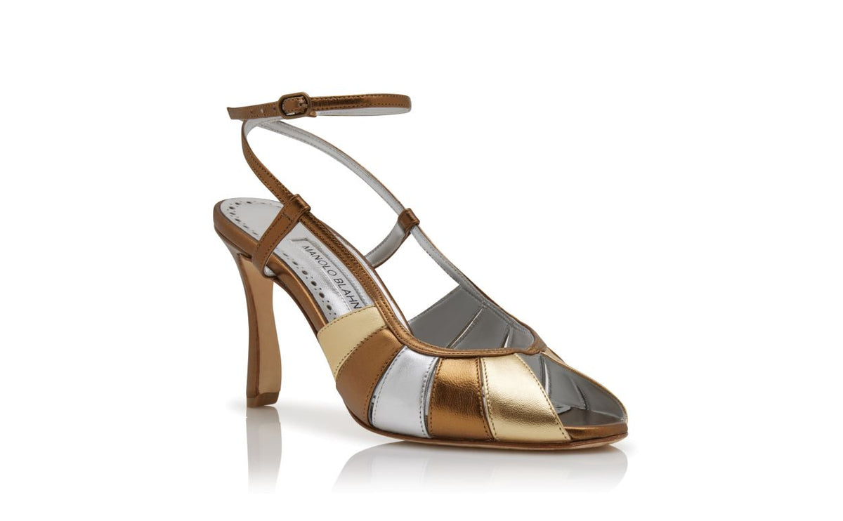 Cressida Pearl Gold Ankle Strap Ankle-Strap Shoes – top view showing gold ankle strap, open toe, nappa leather, metallic…