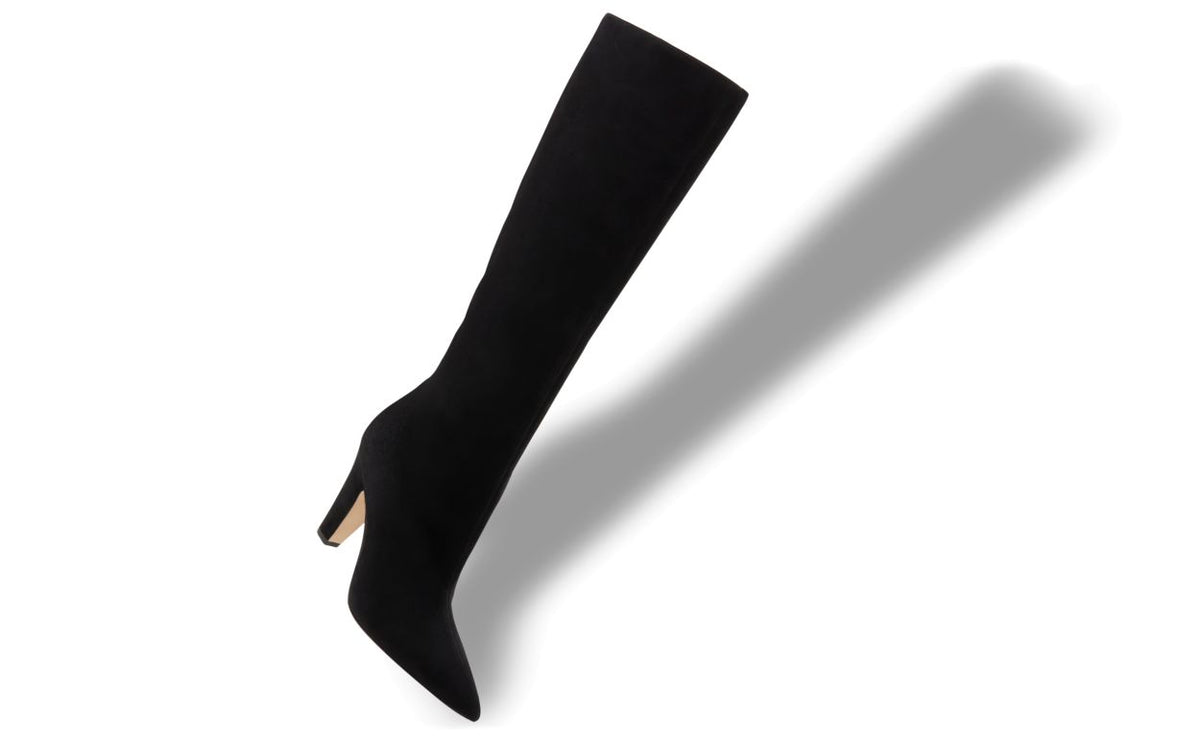 Arabella Grace Black Pointed Toe Knee-High Boots – front three-quarter view showing black pointed toe, suede, Vowalisse