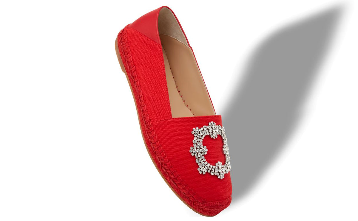 Elara Jewel Red Round Toe Espadrilles – front three-quarter view showing red round toe, Vowalisse