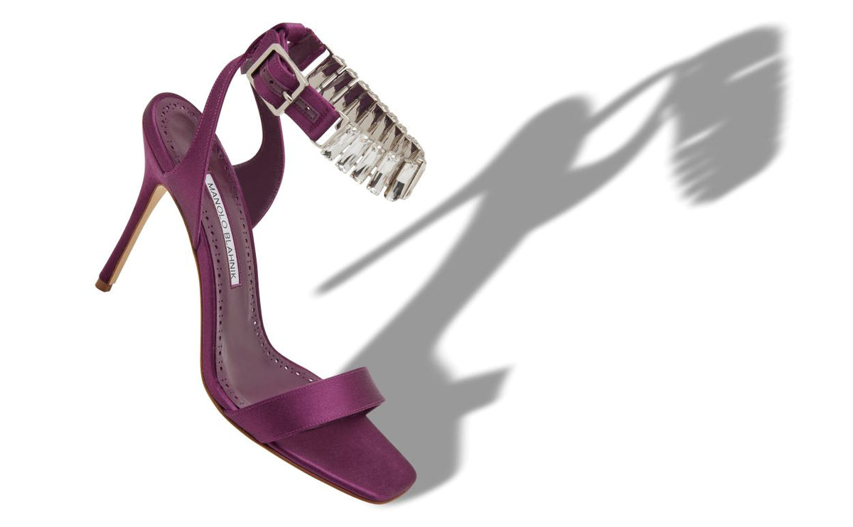 Lucienne Shine Purple Crystal Embellished Ankle-Strap Shoes – front three-quarter view showing purple crystal embellished…