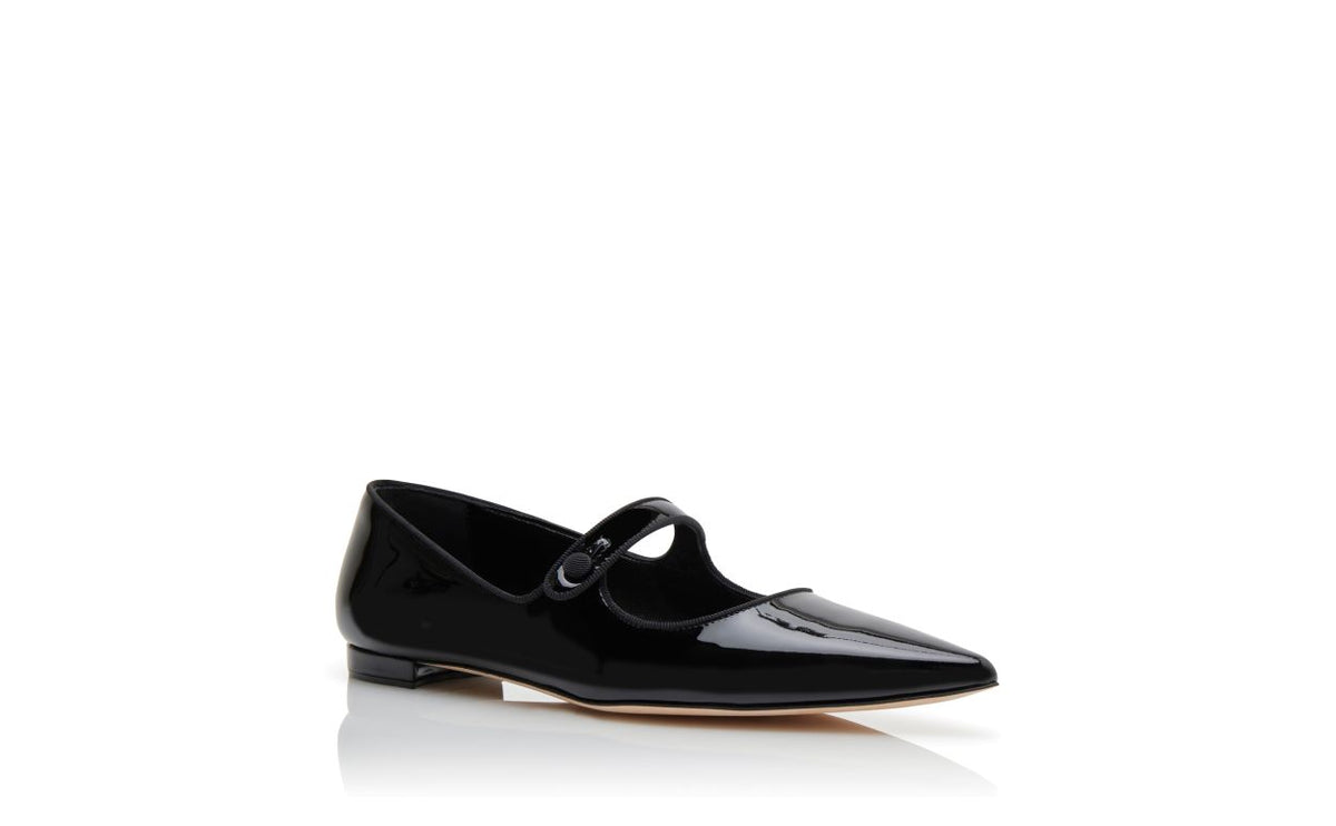 Emmeline Flame Black Pointed Toe Mary Jane Shoes – top view showing black pointed toe, patent leather, Vowalisse