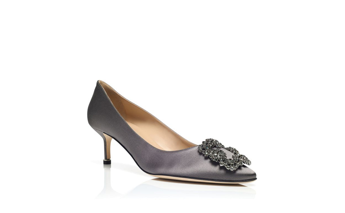 Isadora Élan Grey Jewel Buckle Pumps – top view showing grey jewel buckle, crystal buckle, almond toe, satin, Vowalisse