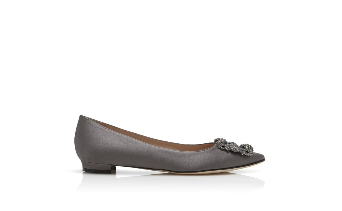 Odette Dream Grey Jewel Buckle Pumps – side profile showing grey jewel buckle, crystal buckle, almond toe, satin, Vowalisse
