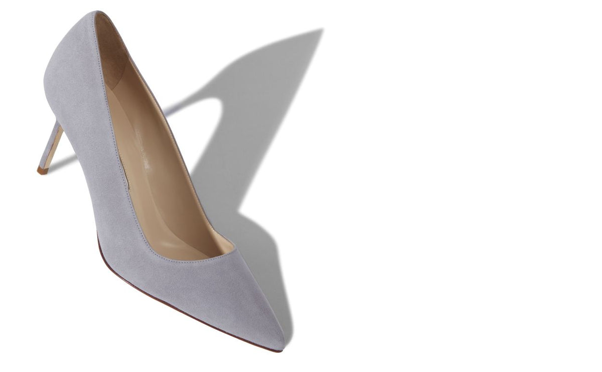 Leonora Crown Grey Pointed Toe Pumps – front three-quarter view showing grey pointed toe, suede, Vowalisse