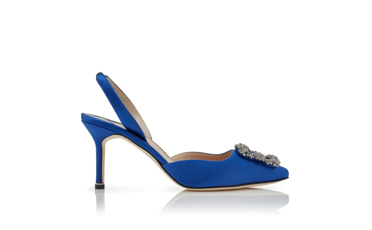 Colette Dream Blue Jewel Buckle Slingbacks – side profile showing blue jewel buckle, crystal buckle, ankle strap, slingback…