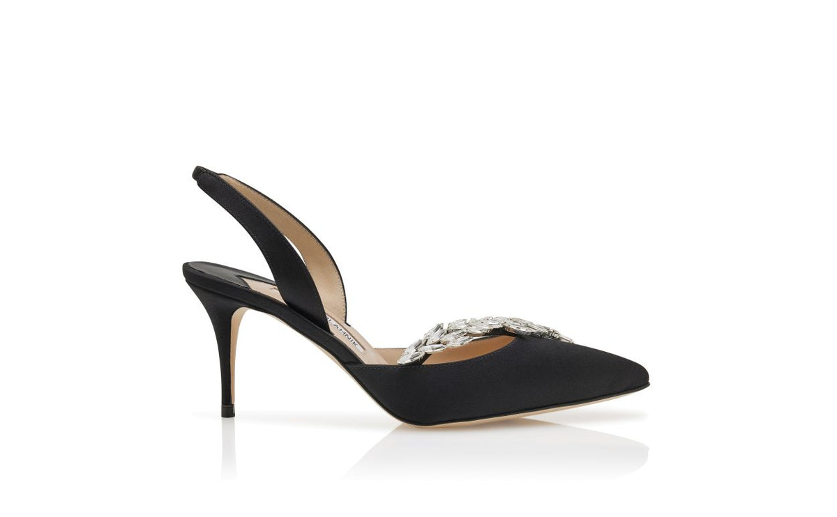 Lunette Muse Black Jewel Buckle Slingbacks – side profile showing black jewel buckle, slingback, pointed toe, satin…