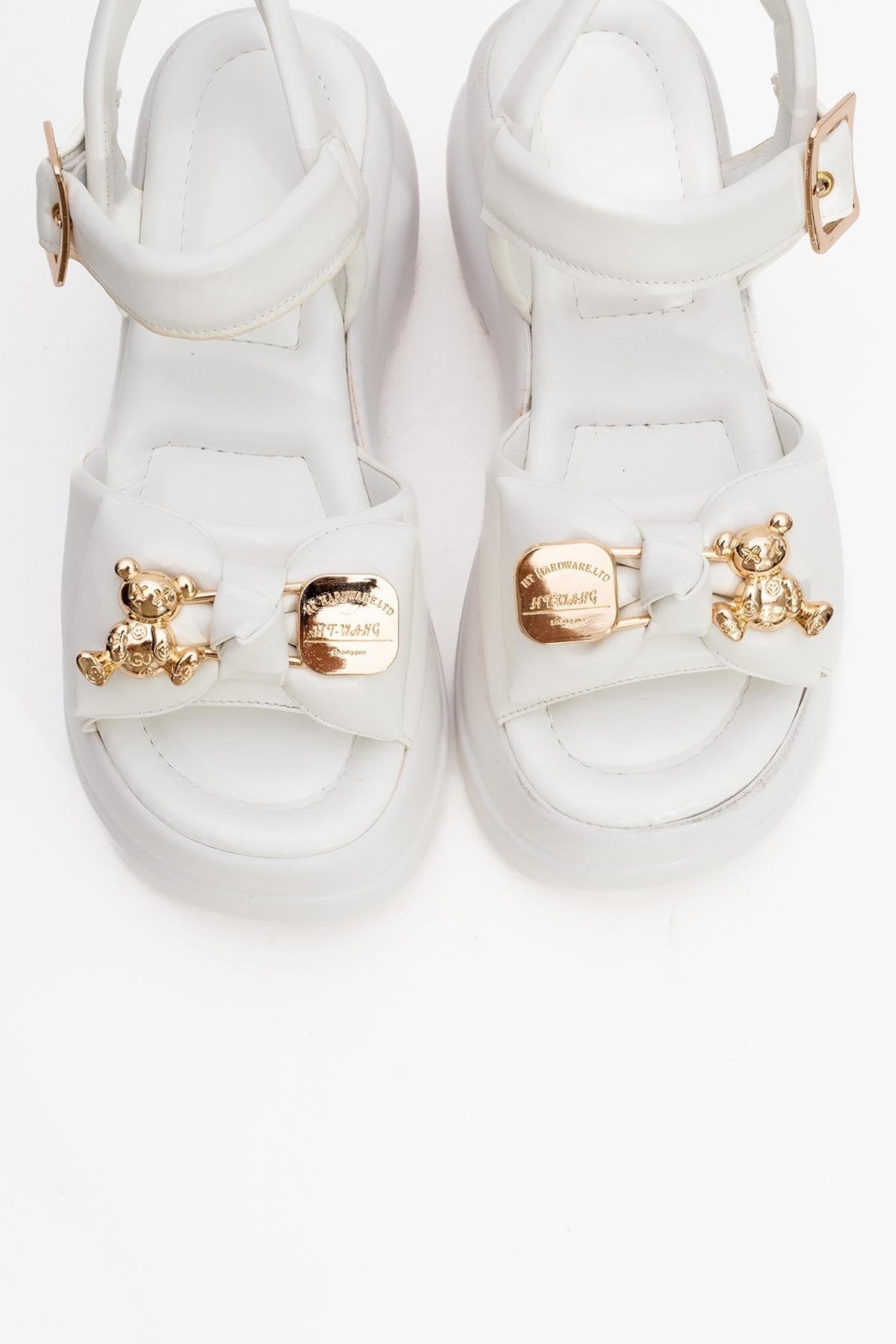 Merida White Buckle Platform Sandal – side view showing leather, white, gold, Vowalisse