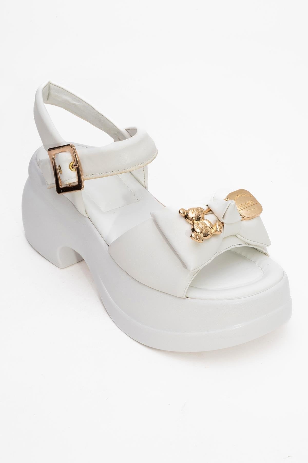 Merida White Buckle Platform Sandal – detail view showing leather, white, gold, Vowalisse