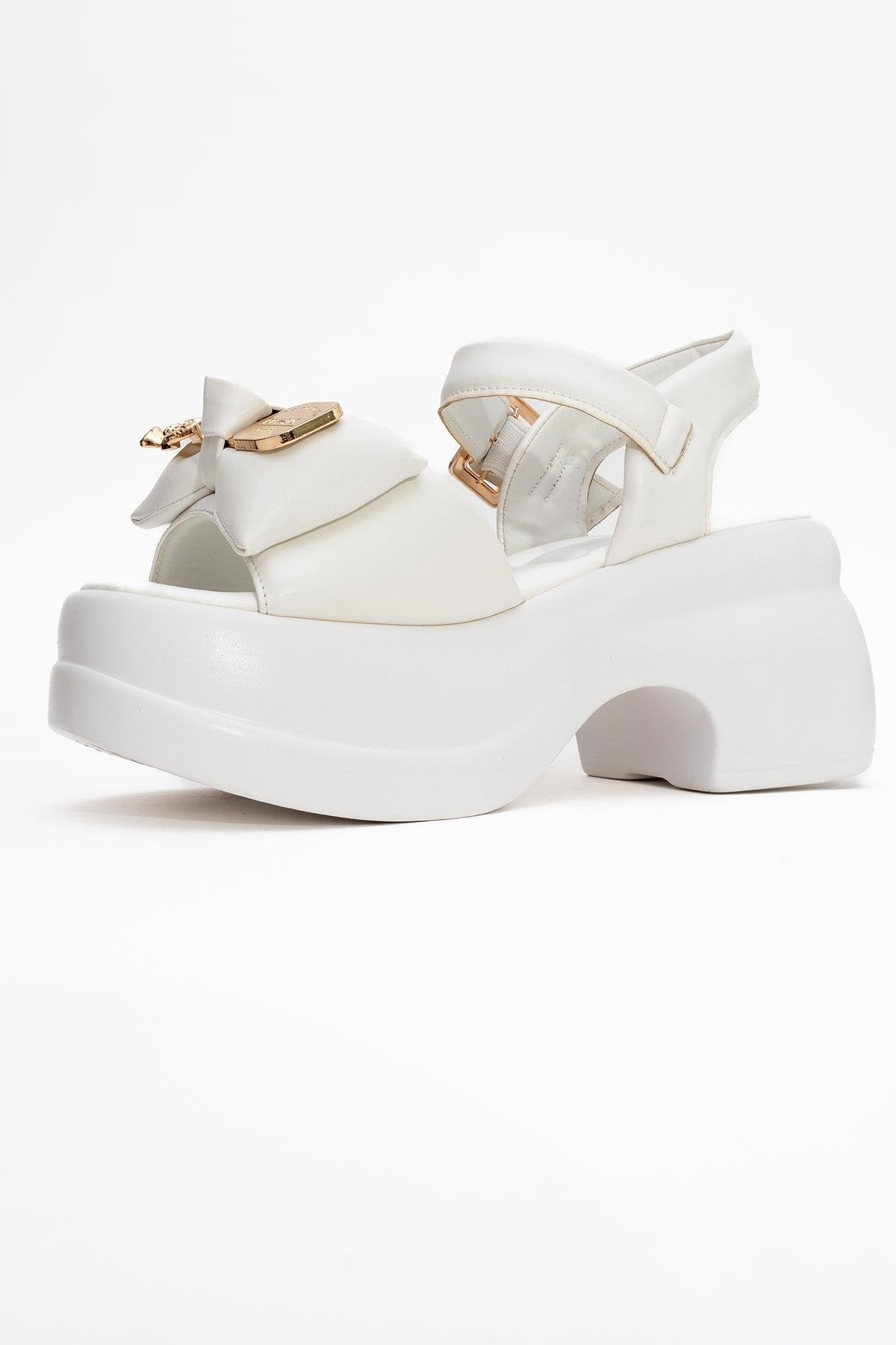 Merida White Buckle Platform Sandal – heel view showing leather, white, gold, Vowalisse