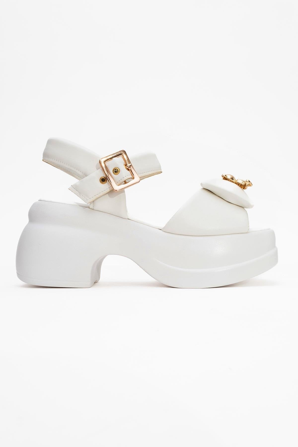 Merida White Buckle Platform Sandal – top view showing leather, white, gold, Vowalisse