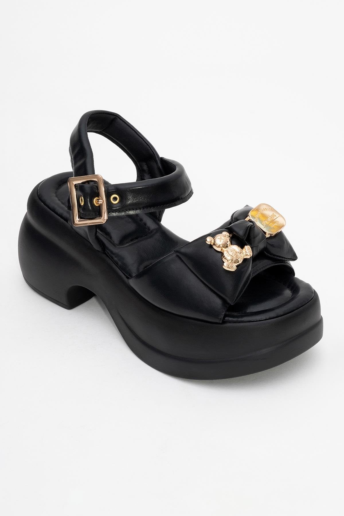 Merida Black Buckle Platform Sandal – detail view showing leather, black, gold, Vowalisse
