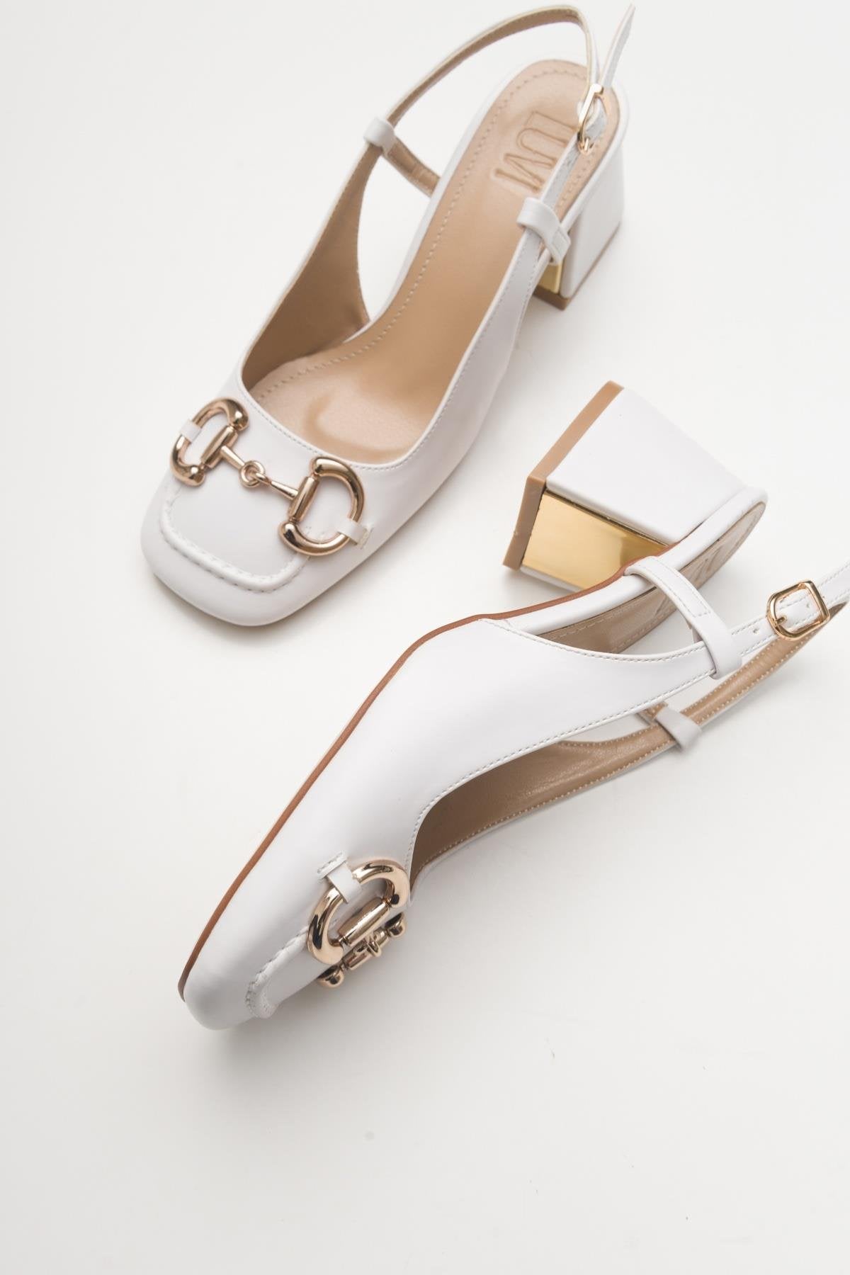 Karol - White Heeled Shoe – back view showing leather, white, Vowalisse