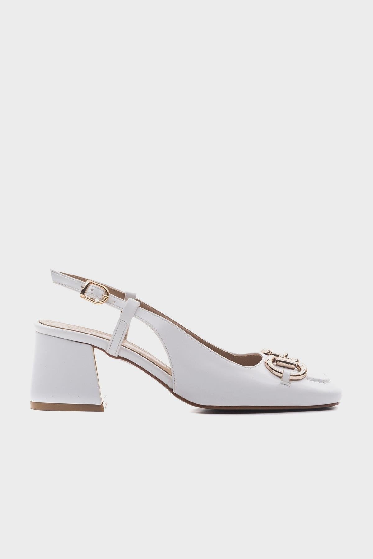 Karol - White Heeled Shoe – top view showing leather, white, Vowalisse