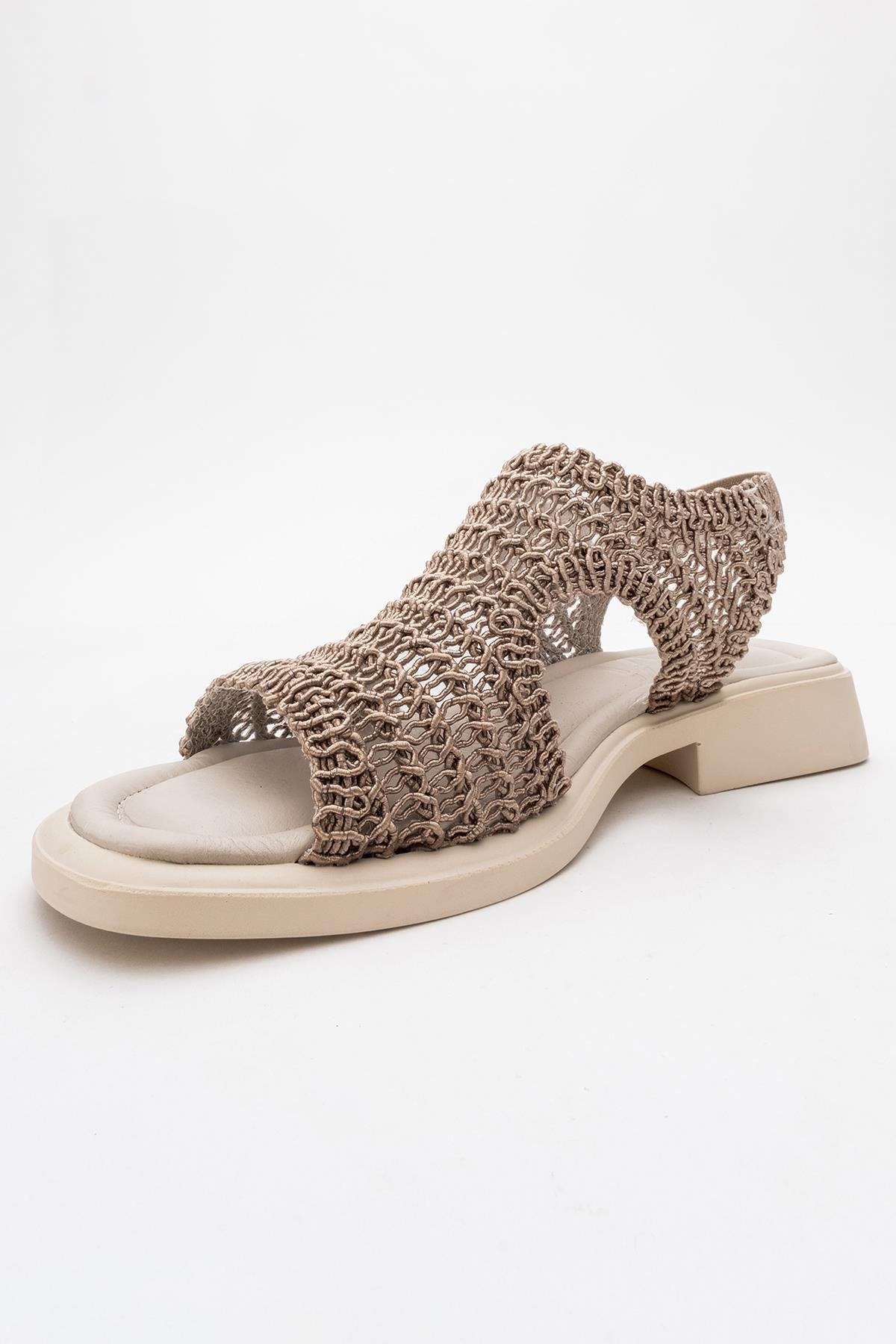 Weave - Dark Beige Leather Woven Sandal – heel view showing leather, Vowalisse