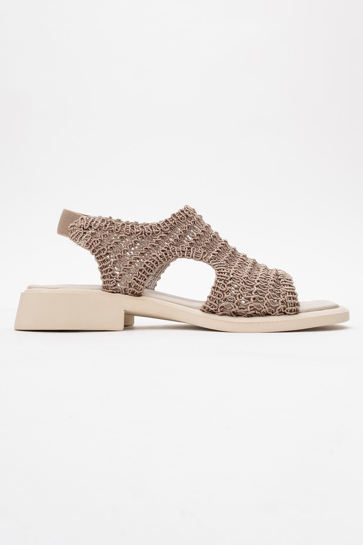 Weave - Dark Beige Leather Woven Sandal – top view showing leather, Vowalisse