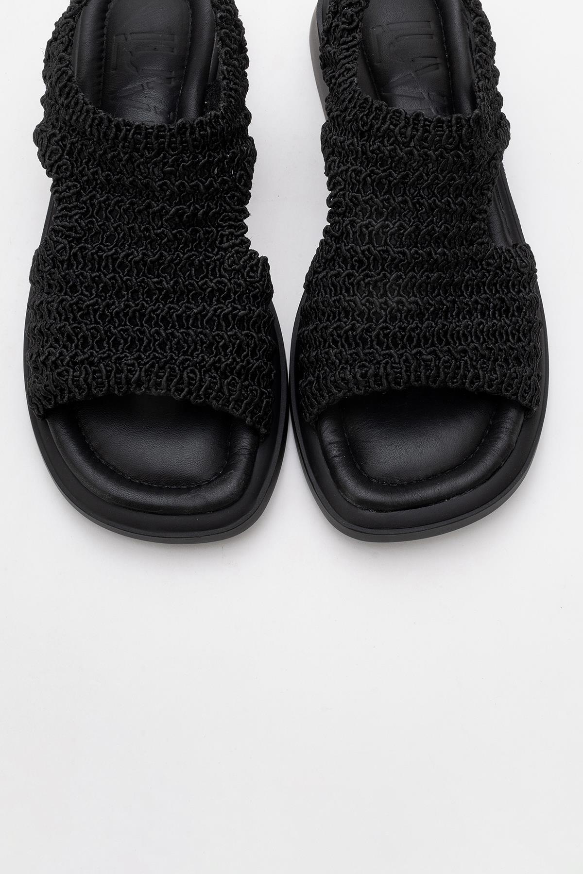 Weave - Black Leather Woven Sandal – side view showing leather, black, Vowalisse