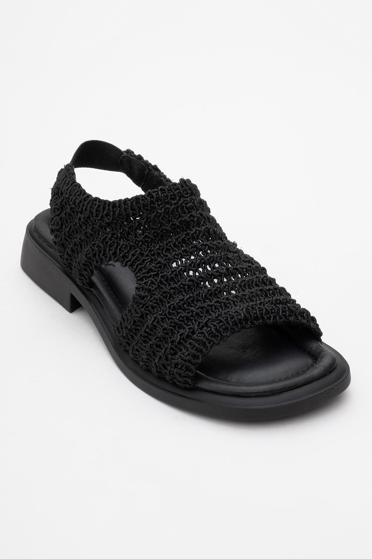 Weave - Black Leather Woven Sandal – detail view showing leather, black, Vowalisse