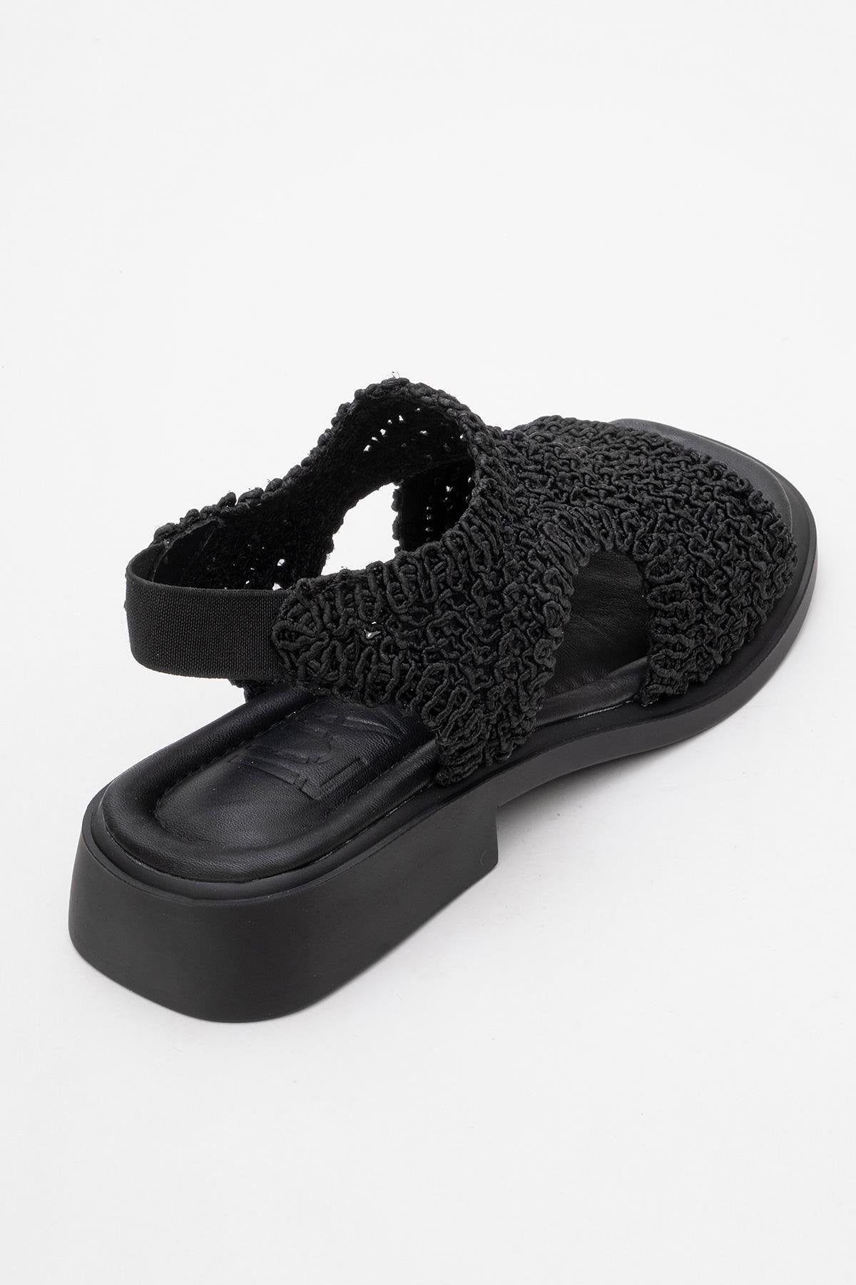 Weave - Black Leather Woven Sandal – back view showing leather, black, Vowalisse