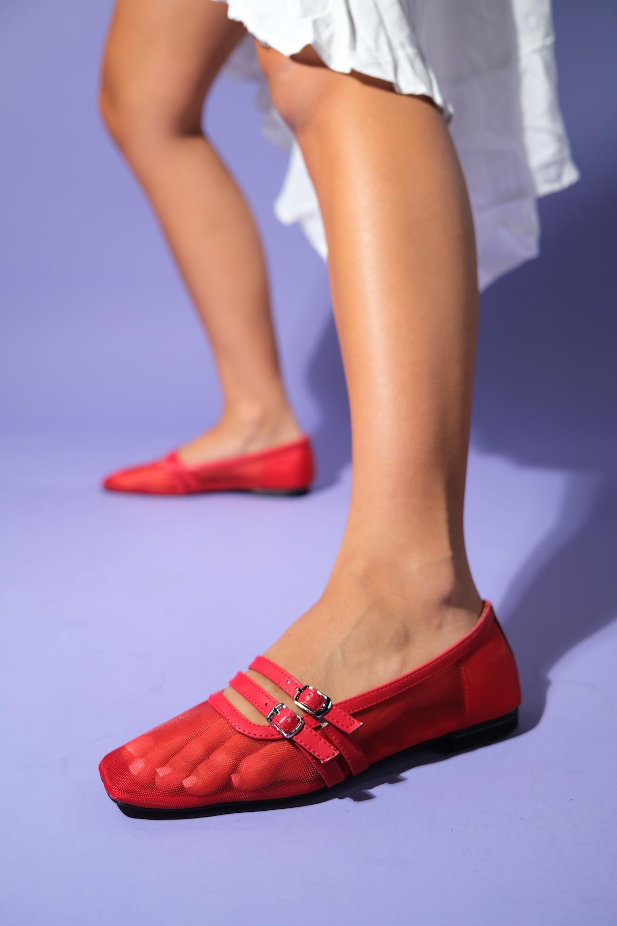 Ashley - Red Mesh Ballet Flat – side view showing leather, mesh, red, Vowalisse