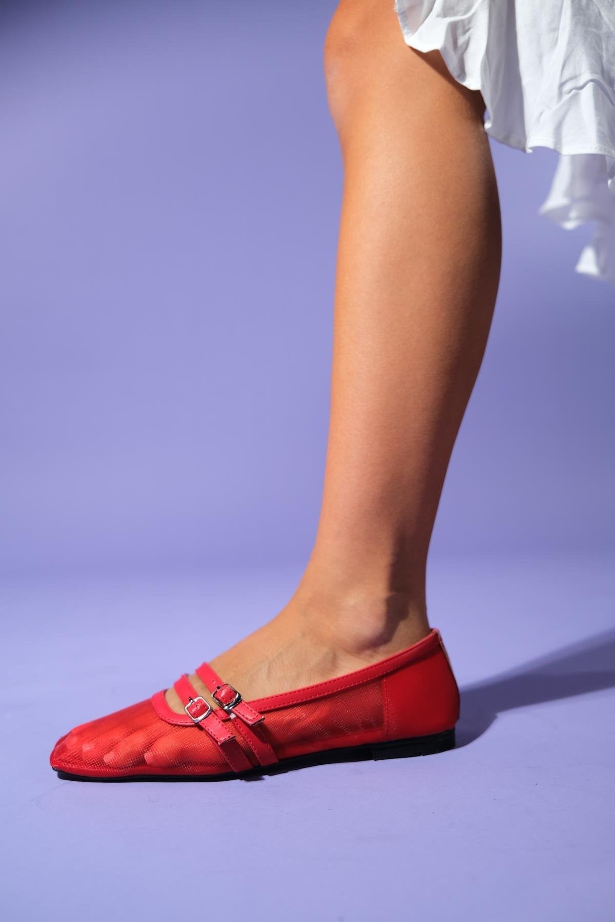 Ashley - Red Mesh Ballet Flat – back view showing leather, mesh, red, Vowalisse